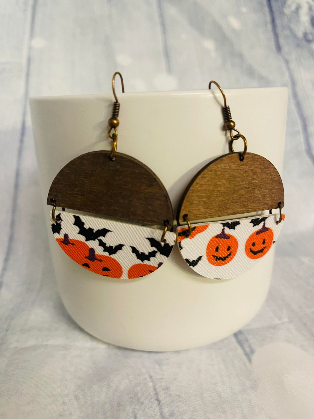 Pumpkin Bats Wood Earring