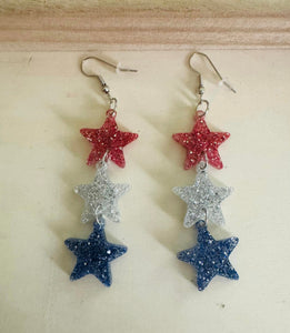 Red white and blue GLITTER Star dangle earrings Acrylic