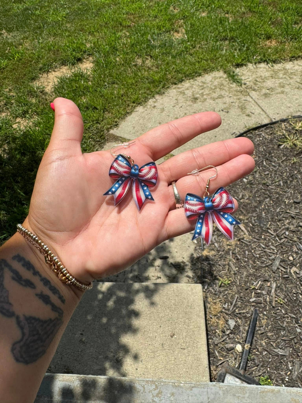 Red white and blue bow baseball earring