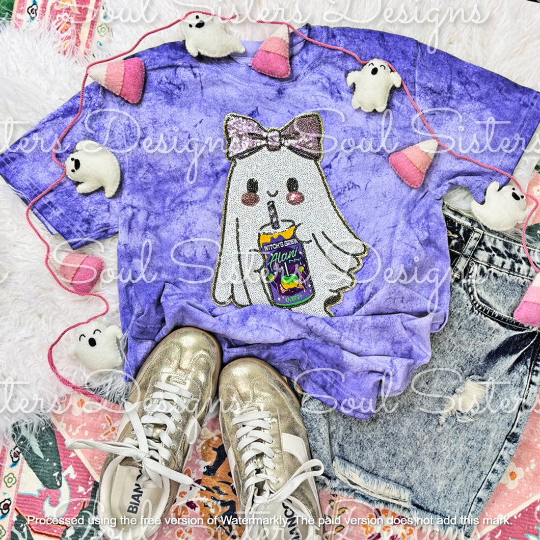 Ghost with Bow & “Witch’s Brew” Can (REAL SEQUIN, Comfort Color Tee)