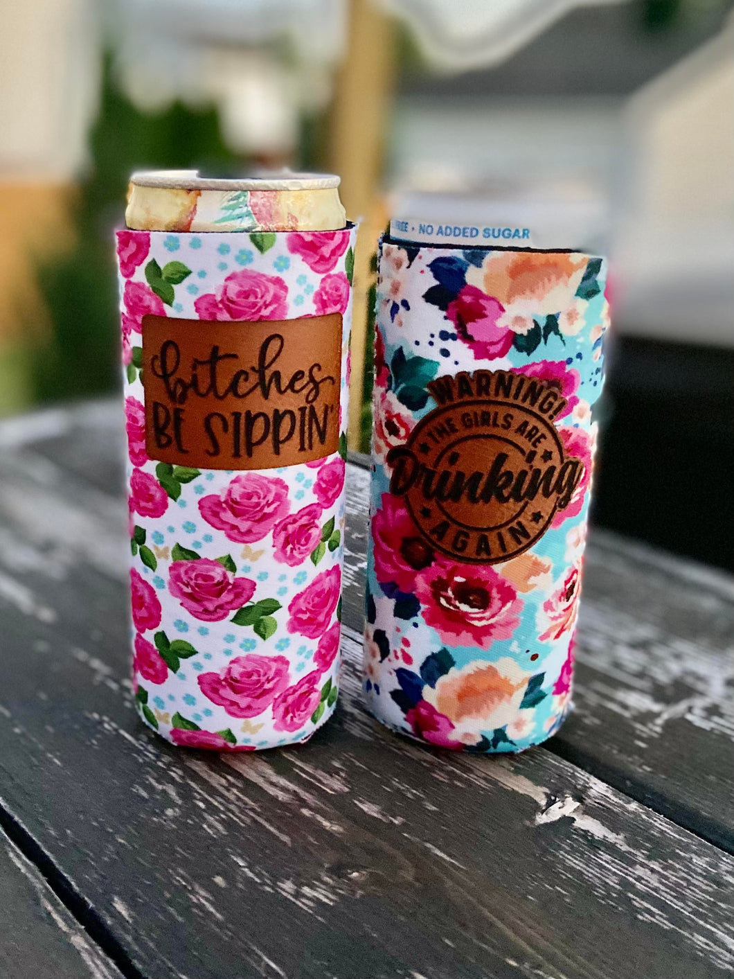 Skinny can koozies with patch